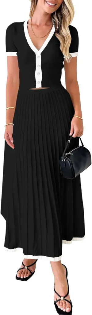 Imily Bela Womens 2 Piece Sweater Skirt Sets Short Sleeve V Neck Crop Knit Top Midi Long Pleated Skirts Outfits Black