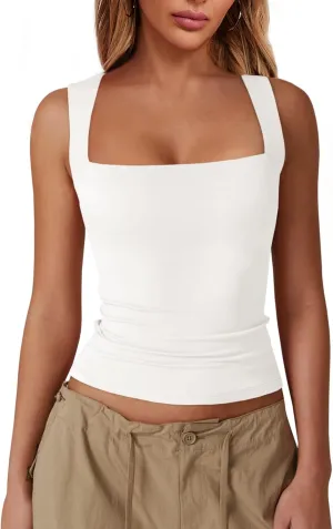 Imily Bela Womens Square Neck Tank Tops Casual Sleeveless Slim Fit Going Out Y2K Summer Cropped Shirts White