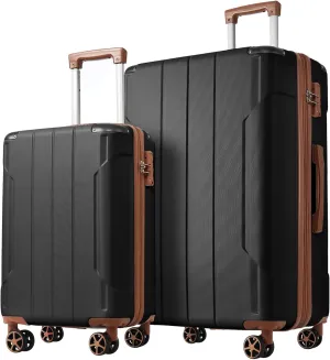 JCSD Lightweight and Expandable 2-Piece Luggage Set with Double Wheels, ABS Hard Shell Suitcases, Black Brown