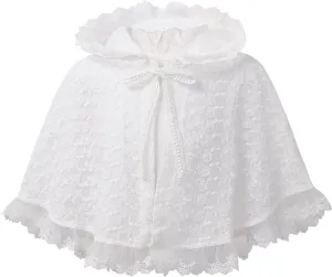 JEATHA Toddler Baby Girls Floral Lace Tie Up Princess Cape Shawl Wraps Baptism Christening Hooded Cloak Coat