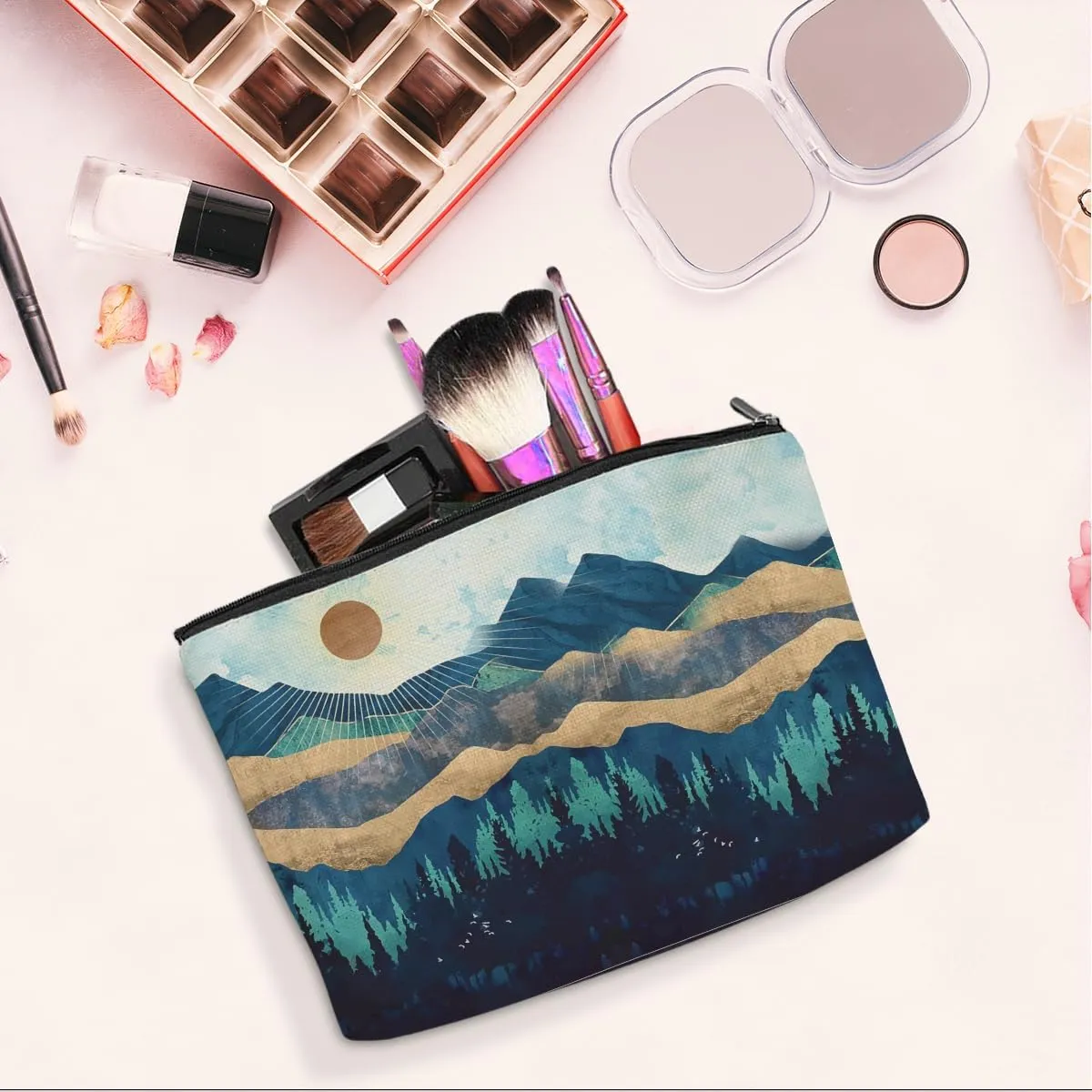 jeilink Watercolor Makeup Bag Mountain Sunshine Print -Blue Funny Christmas Birthday Gifts for Women Girl Daughter Best Friend Bestie Sister Coworker Grandma Mom Cosmetic Bag Travel Toiletry Bag