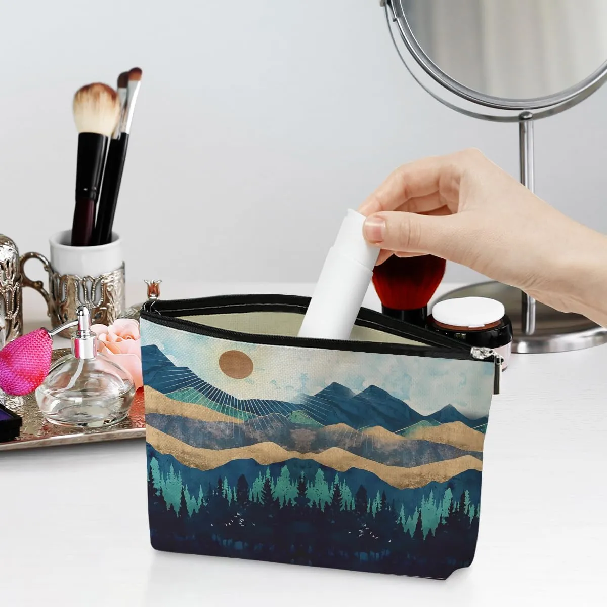 jeilink Watercolor Makeup Bag Mountain Sunshine Print -Blue Funny Christmas Birthday Gifts for Women Girl Daughter Best Friend Bestie Sister Coworker Grandma Mom Cosmetic Bag Travel Toiletry Bag