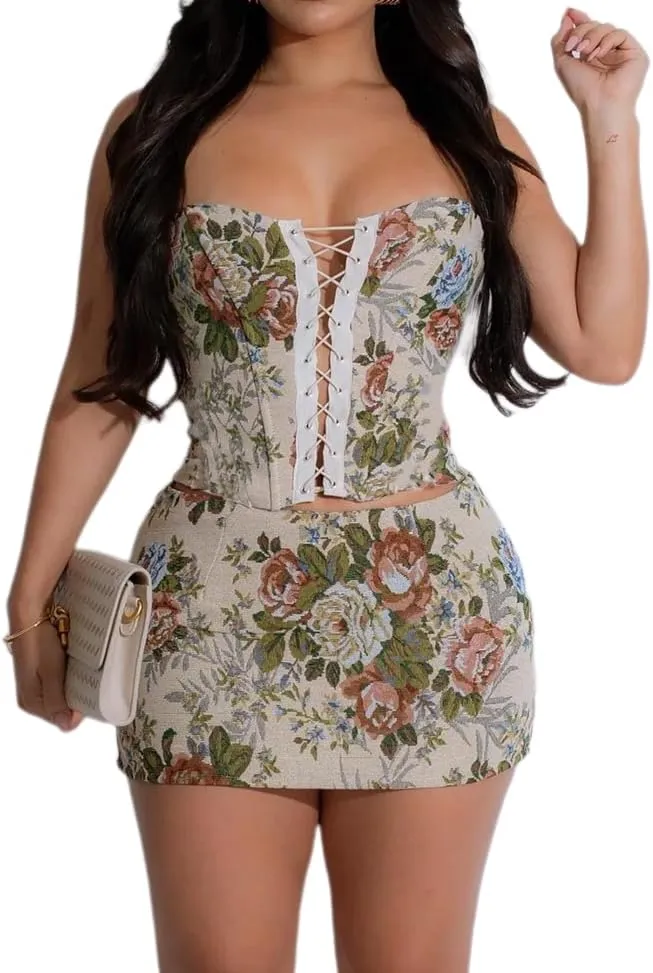 ksotutm Sexy Two Piece Sets for Women Off The Shoulder Tops Floral Print Slim Maxi Skirt Summer Outfits