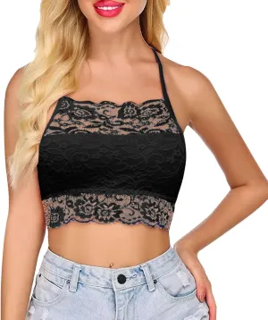 Lace Bralette for Women High Neck Camisoles Racerback Double-Layered Y2K Crop Top Wireless Sexy Floral Lace Bra
