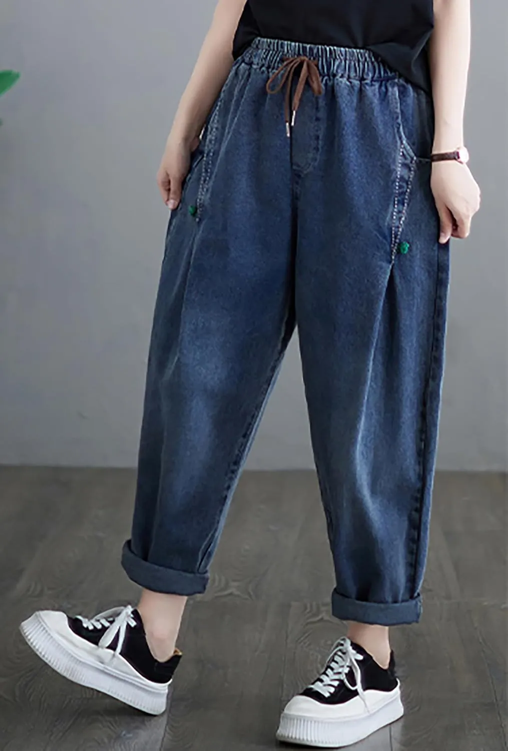 LAI MENG FIVE CATS Women Loose Jeans Denim Harem Pants with Elastic Waist with Pocket