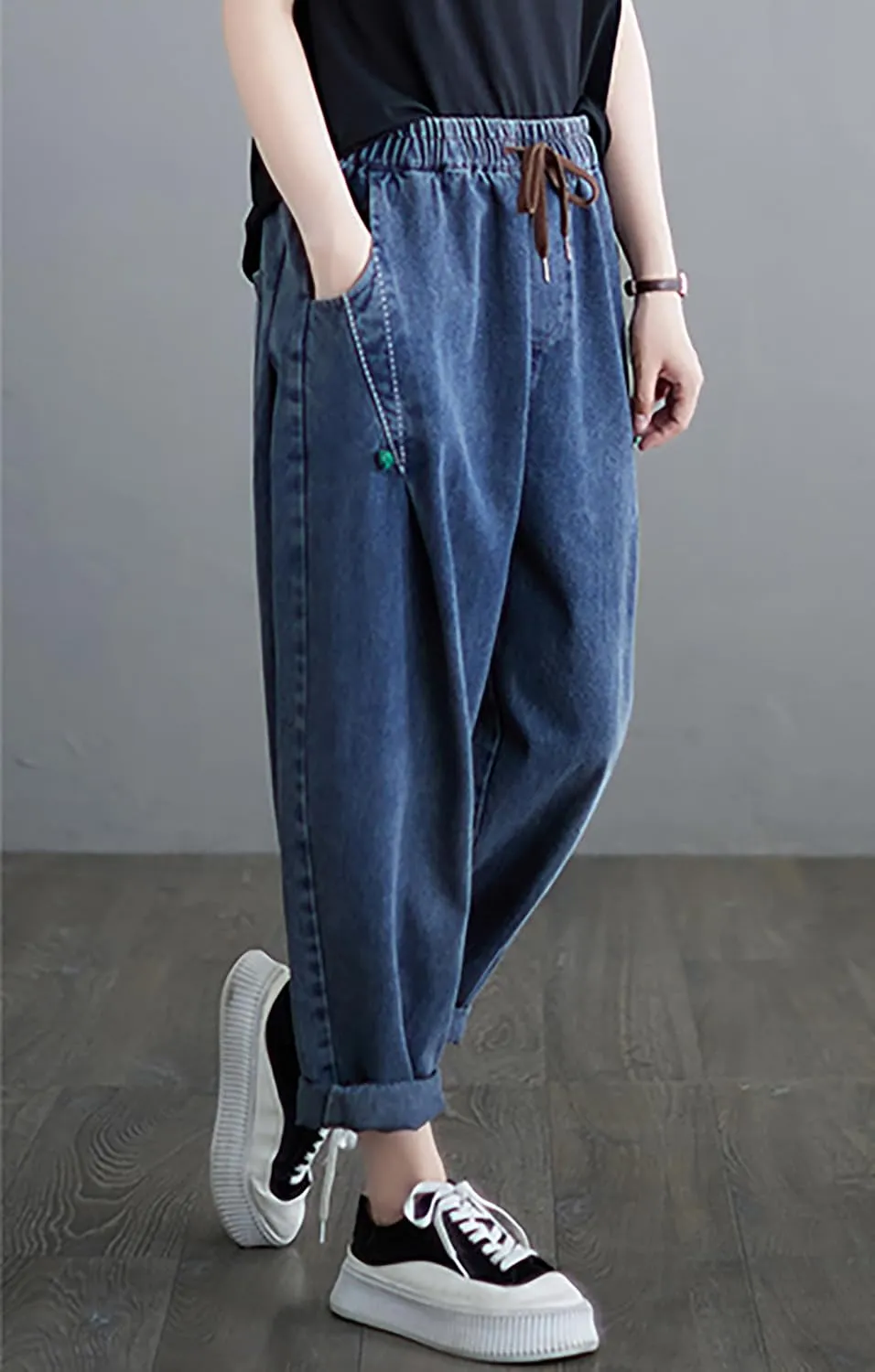 LAI MENG FIVE CATS Women Loose Jeans Denim Harem Pants with Elastic Waist with Pocket