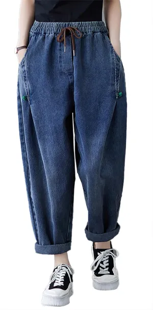 LAI MENG FIVE CATS Women Loose Jeans Denim Harem Pants with Elastic Waist with Pocket