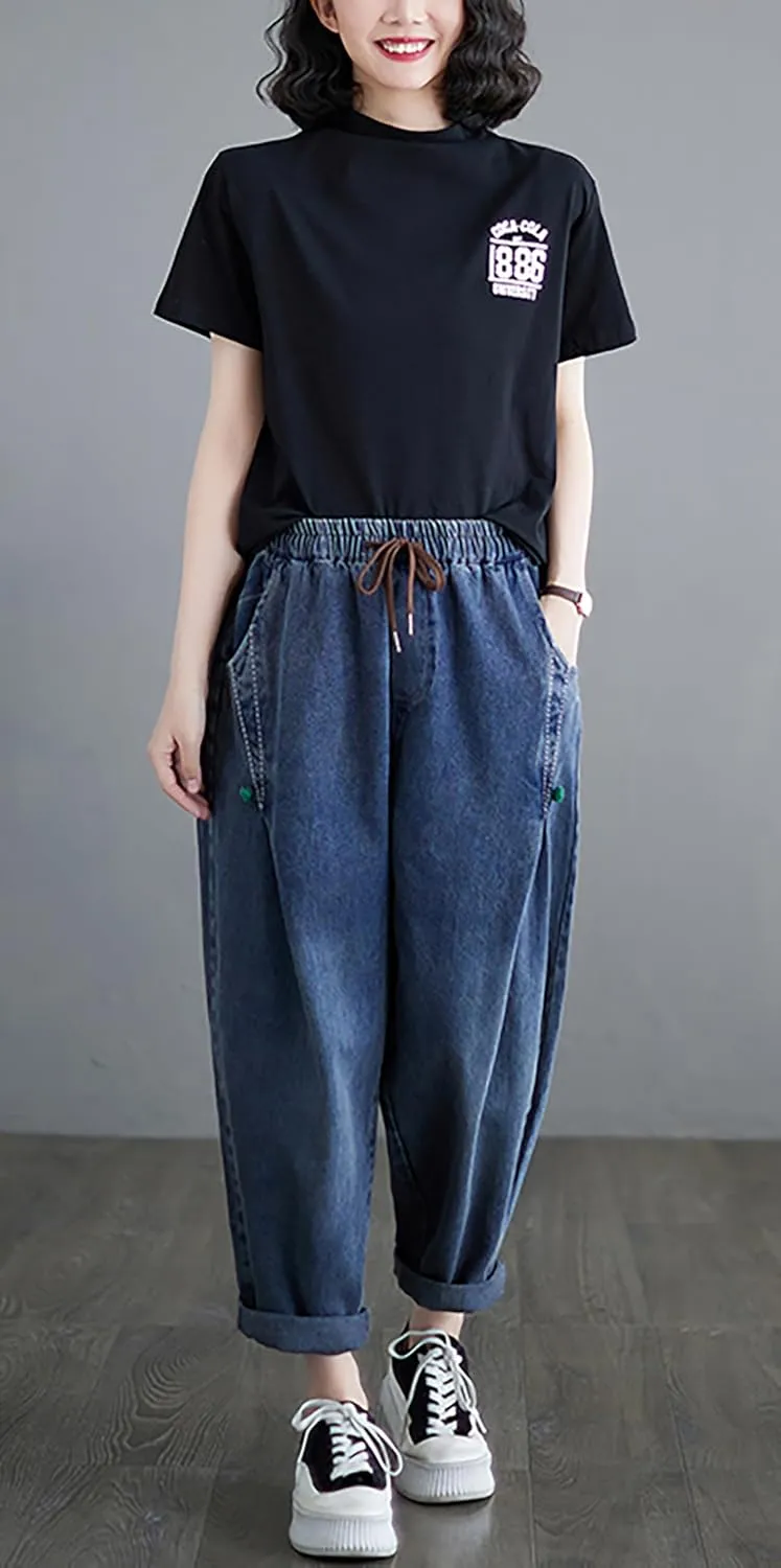 LAI MENG FIVE CATS Women Loose Jeans Denim Harem Pants with Elastic Waist with Pocket