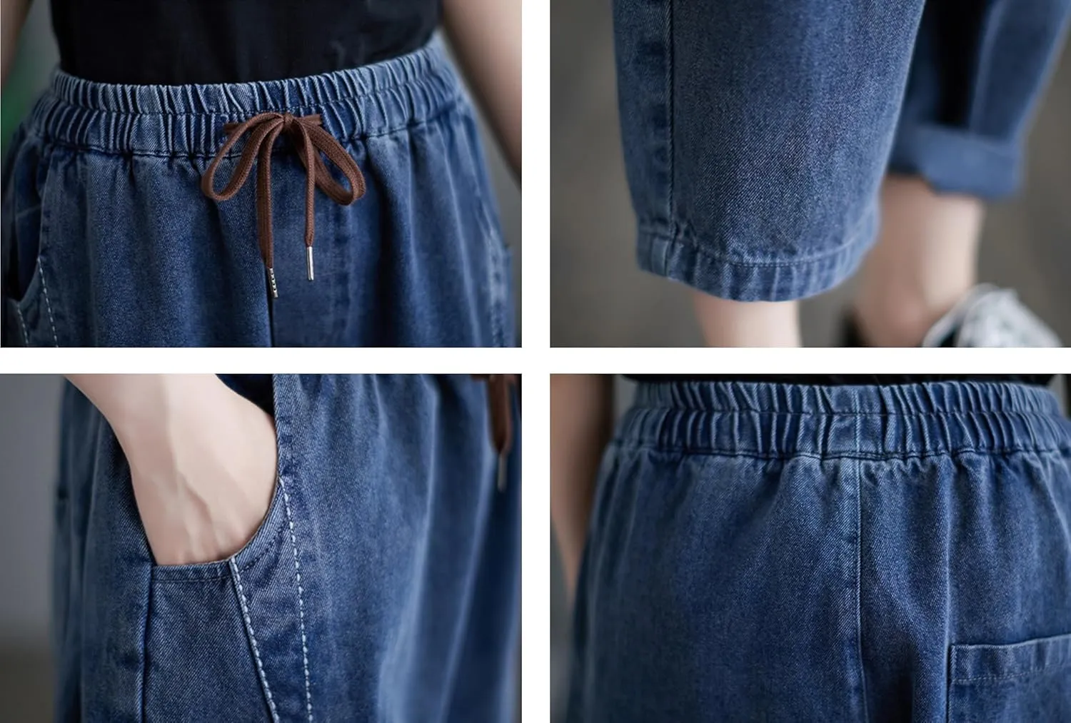 LAI MENG FIVE CATS Women Loose Jeans Denim Harem Pants with Elastic Waist with Pocket