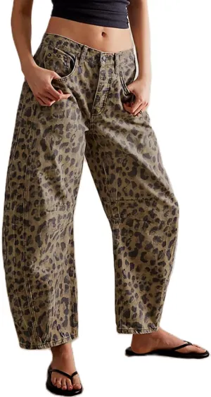 Leopard Barrel Women's Cheetah Print Baggy Boyfriend Mid Rise Wide Leg Denim Tapered Jeans