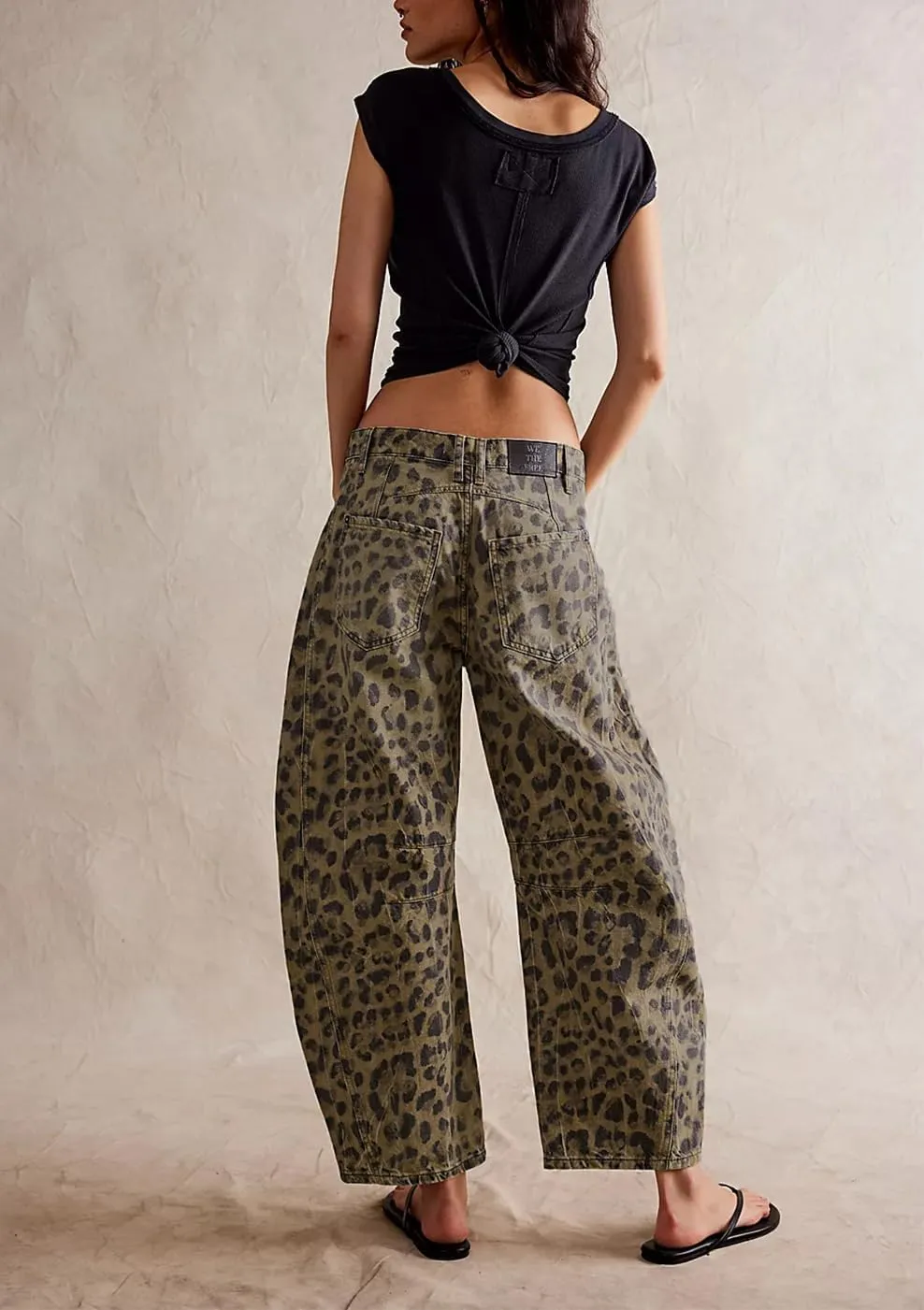 Leopard Barrel Women's Cheetah Print Baggy Boyfriend Mid Rise Wide Leg Denim Tapered Jeans