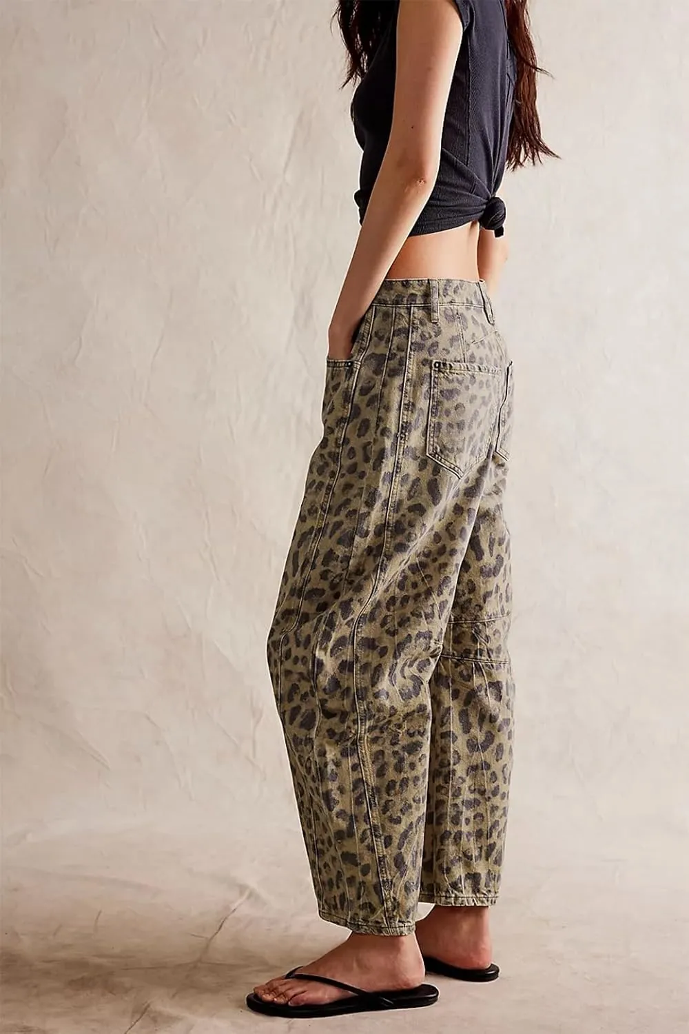 Leopard Barrel Women's Cheetah Print Baggy Boyfriend Mid Rise Wide Leg Denim Tapered Jeans