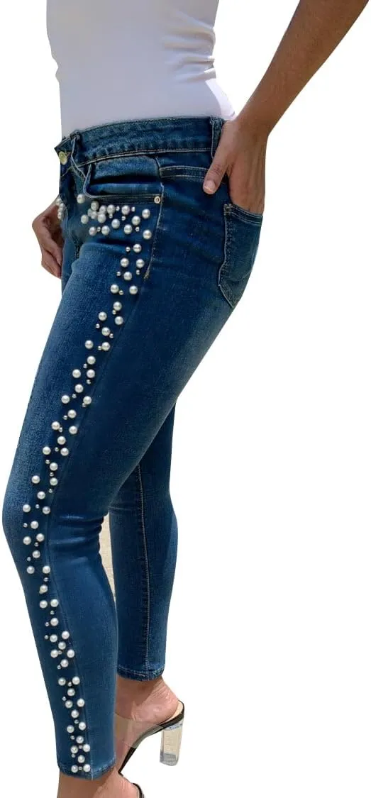 LifeShe Women's Pearls Jeans Mid Waisted Skinny Denim Pants Stretch Slimming Jeggings Plus Size