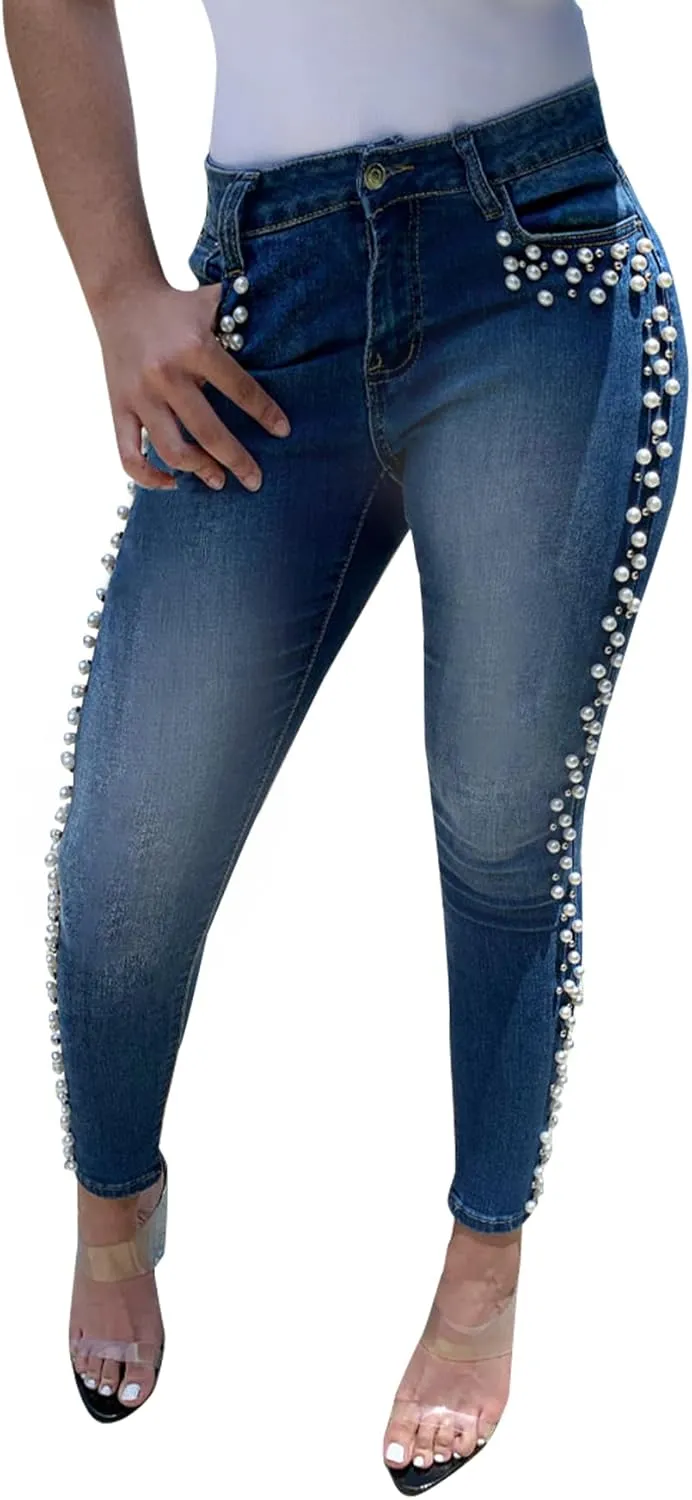 LifeShe Women's Pearls Jeans Mid Waisted Skinny Denim Pants Stretch Slimming Jeggings Plus Size