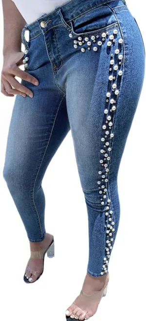 LifeShe Women's Pearls Jeans Mid Waisted Skinny Denim Pants Stretch Slimming Jeggings Plus Size