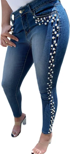 LifeShe Women's Pearls Jeans Mid Waisted Skinny Denim Pants Stretch Slimming Jeggings Plus Size