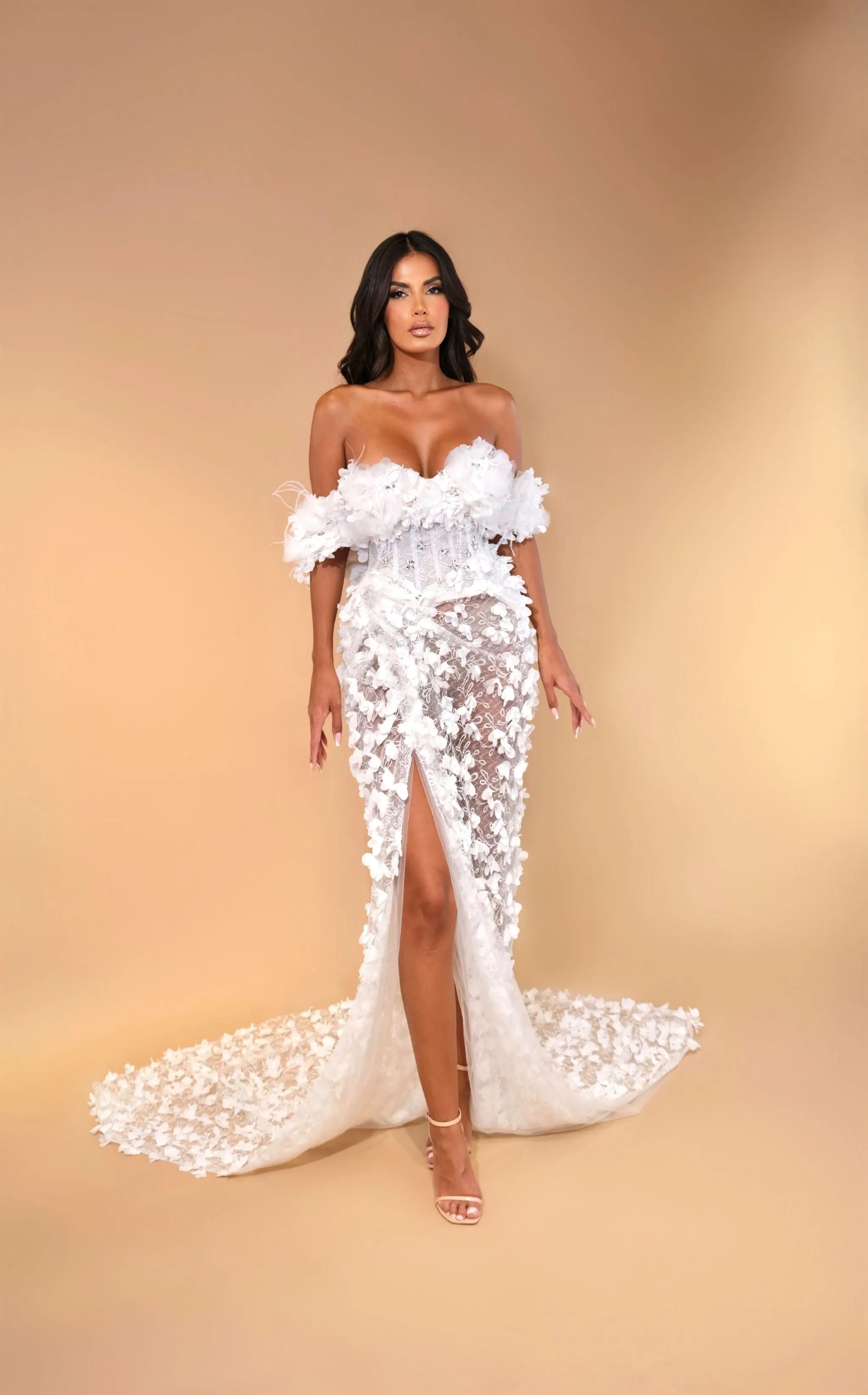 Lily - Off-Shoulder Floral Appliqu Slit Dress