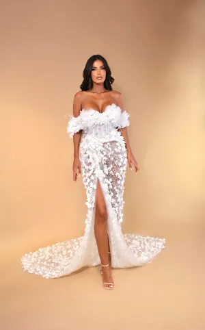 Lily - Off-Shoulder Floral Appliqu Slit Dress