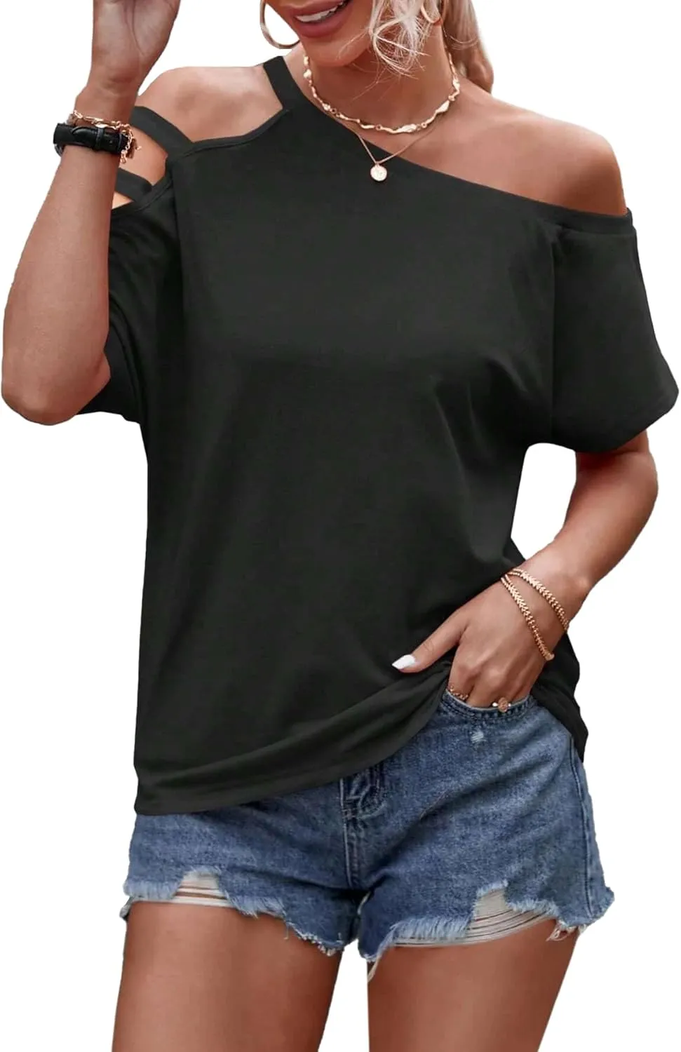 LilyCoco Women's Off The Shoulder Top Short Sleeve Cutout Asymmetrical Neck T Shirt