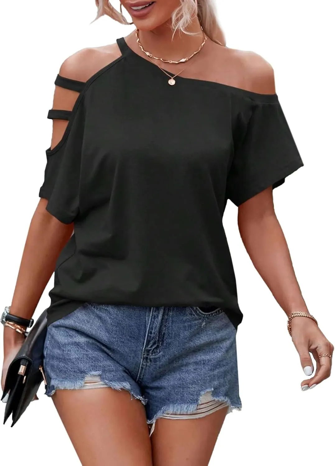 LilyCoco Women's Off The Shoulder Top Short Sleeve Cutout Asymmetrical Neck T Shirt