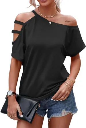 LilyCoco Women's Off The Shoulder Top Short Sleeve Cutout Asymmetrical Neck T Shirt