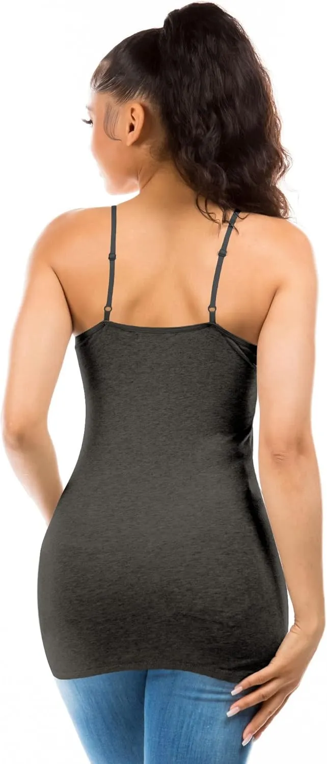 Long Cotton Camisole Tank Top with Built in Bra for Women Basic Cami with Shelf Bra Tank Tops Undershirt