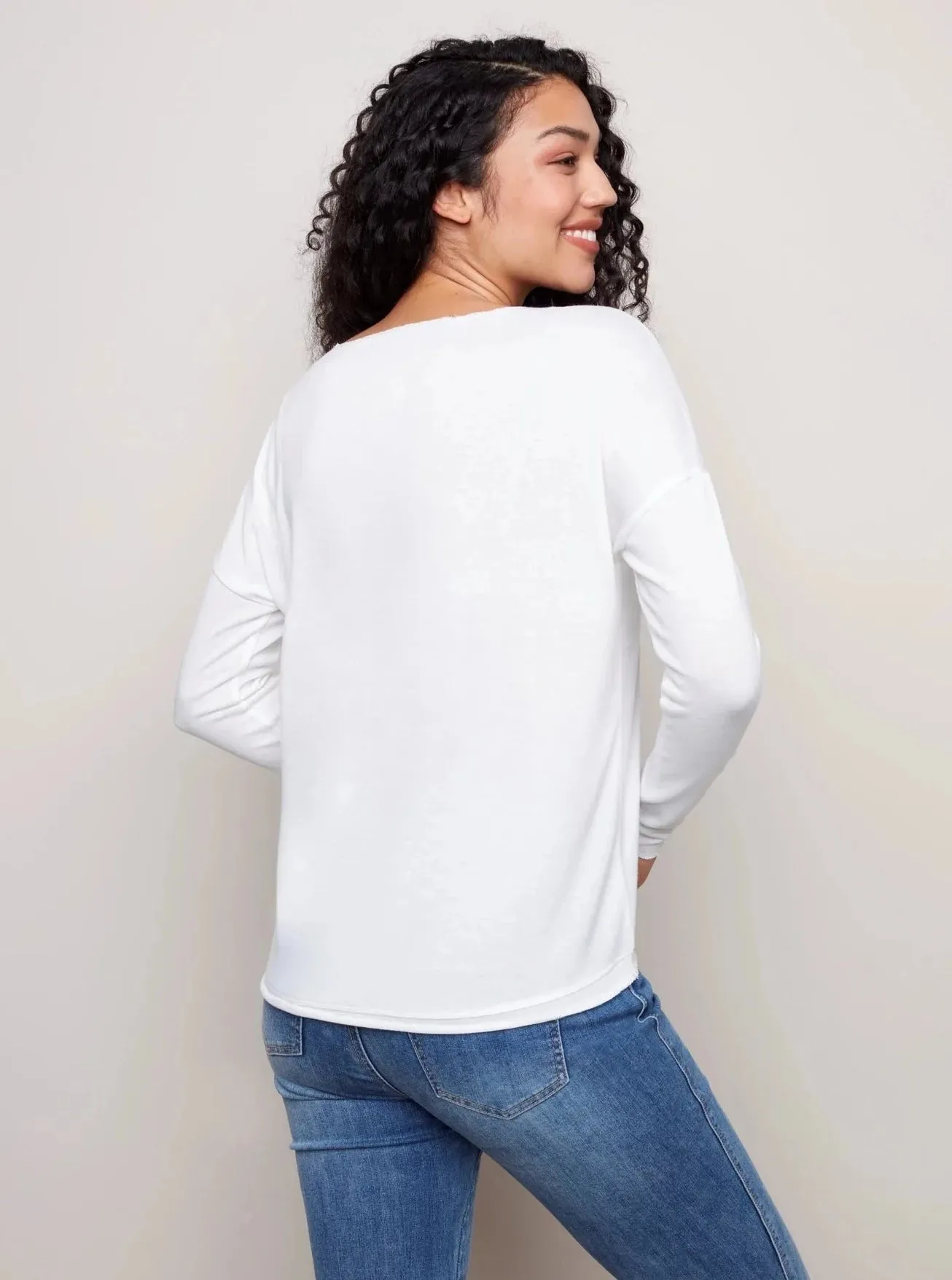 Long Sleeve Dolman V-Neck Top [White-C1326]