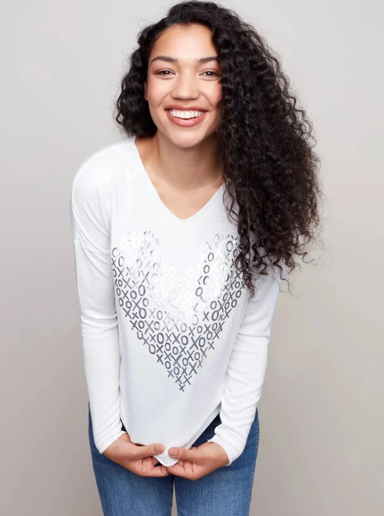 Long Sleeve Dolman V-Neck Top [White-C1326]