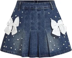 MakeMeChic Women's Bow Knot Denim Mini Skirt Pearl Beaded Pleated A Line Short Skirts