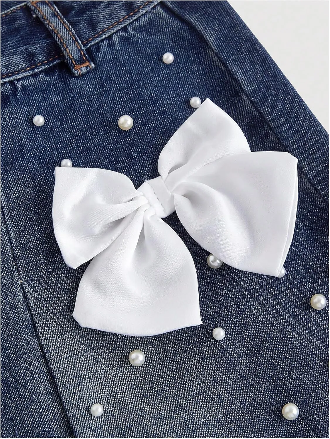 MakeMeChic Women's Bow Knot Denim Mini Skirt Pearl Beaded Pleated A Line Short Skirts