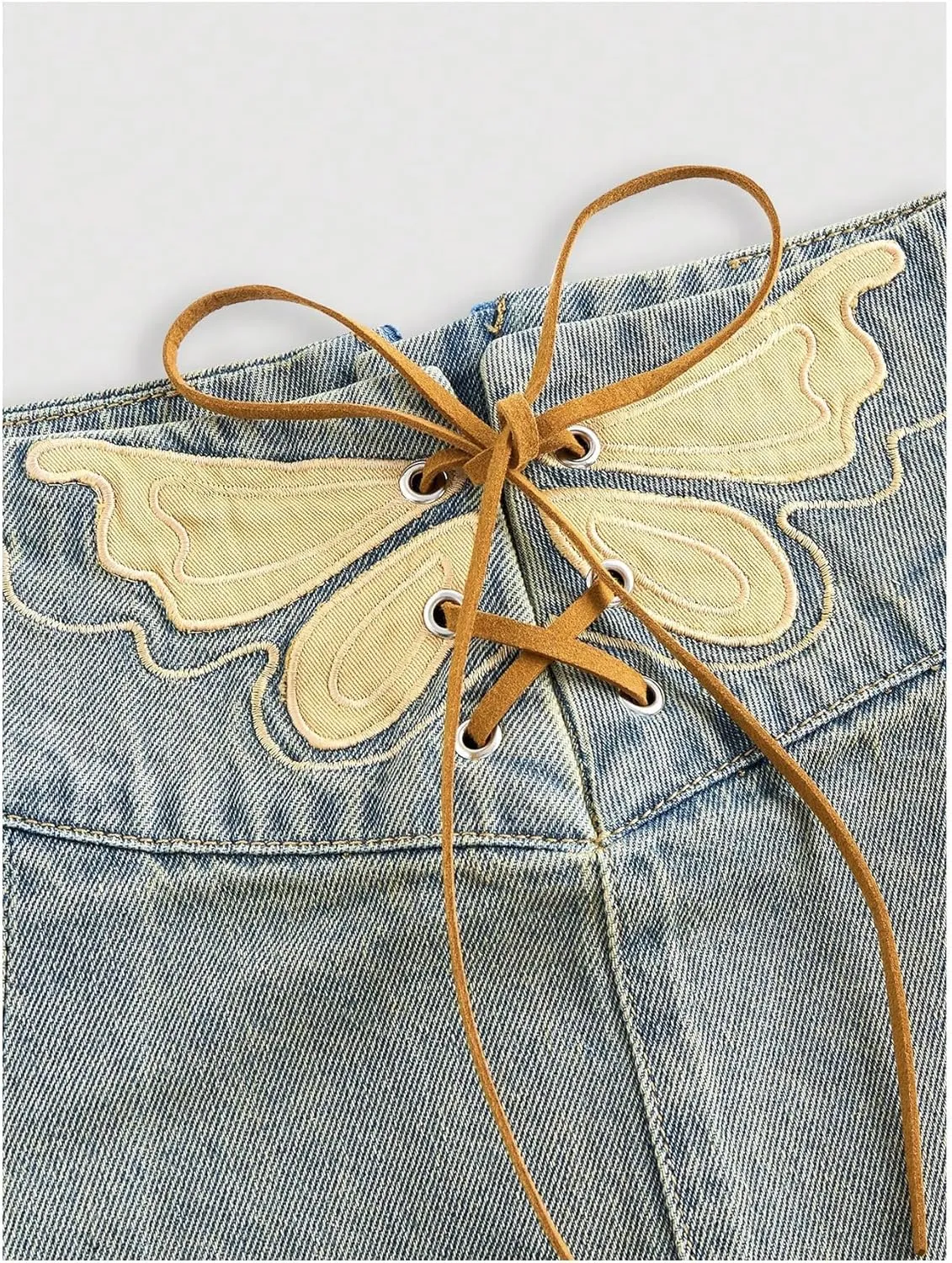 MakeMeChic Women's Denim Skirt Butterfly Lace Up Frayed Pleated Vintage Jean Mini Skirts