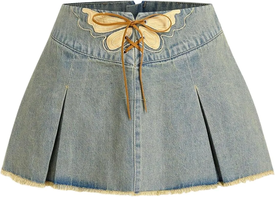 MakeMeChic Women's Denim Skirt Butterfly Lace Up Frayed Pleated Vintage Jean Mini Skirts