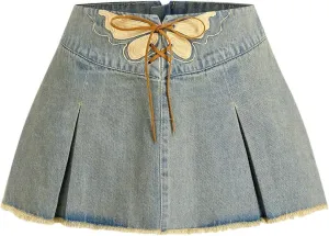 MakeMeChic Women's Denim Skirt Butterfly Lace Up Frayed Pleated Vintage Jean Mini Skirts