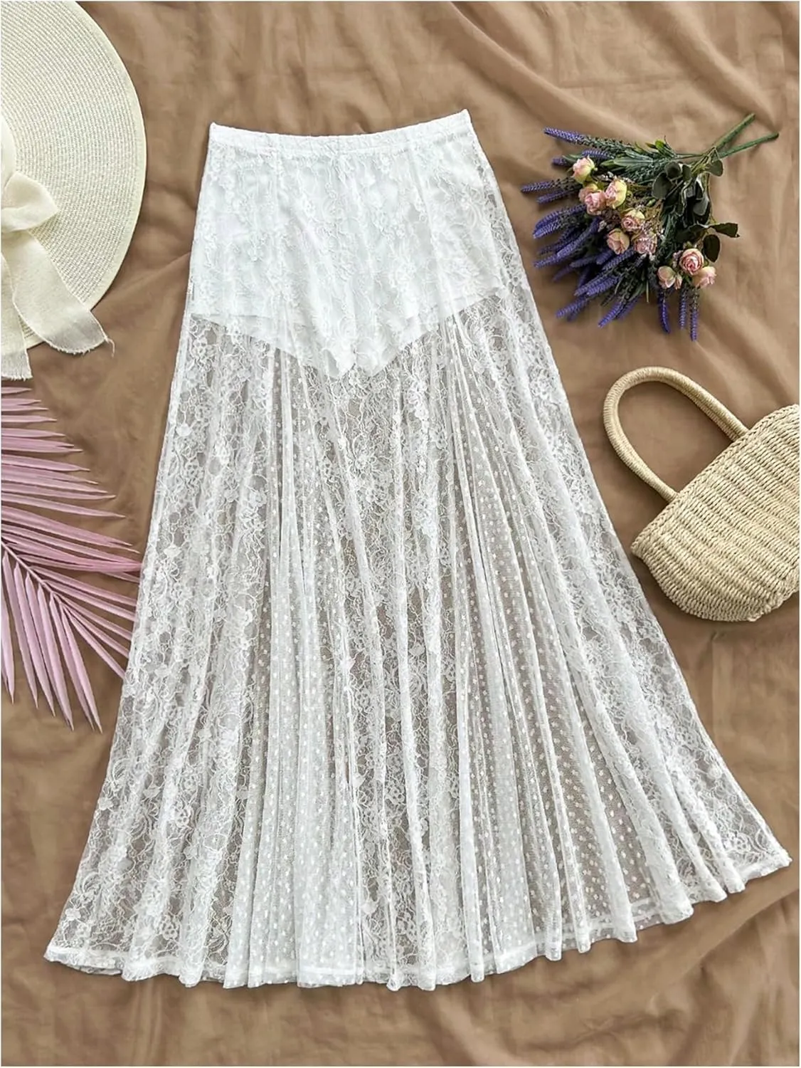 MakeMeChic Women's Floral Lace Sheer Maxi Skirts Vacation Elastic Waist Ruffle A Line Long Skirt