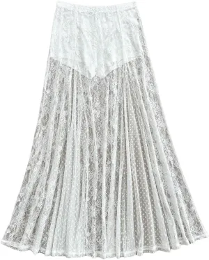 MakeMeChic Women's Floral Lace Sheer Maxi Skirts Vacation Elastic Waist Ruffle A Line Long Skirt