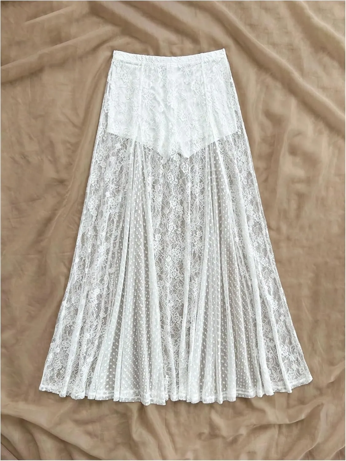 MakeMeChic Women's Floral Lace Sheer Maxi Skirts Vacation Elastic Waist Ruffle A Line Long Skirt