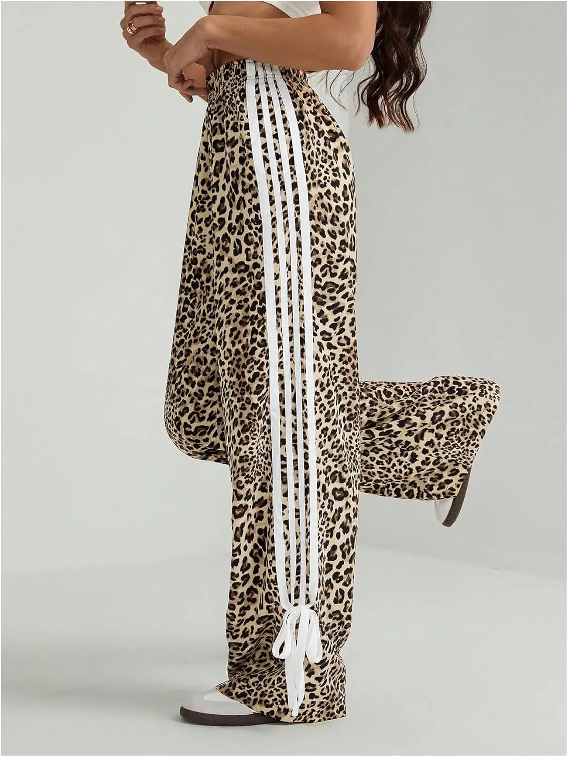 MakeMeChic Women's Leopard Print Striped Pants Bow Side Wide Leg Y2k Trousers