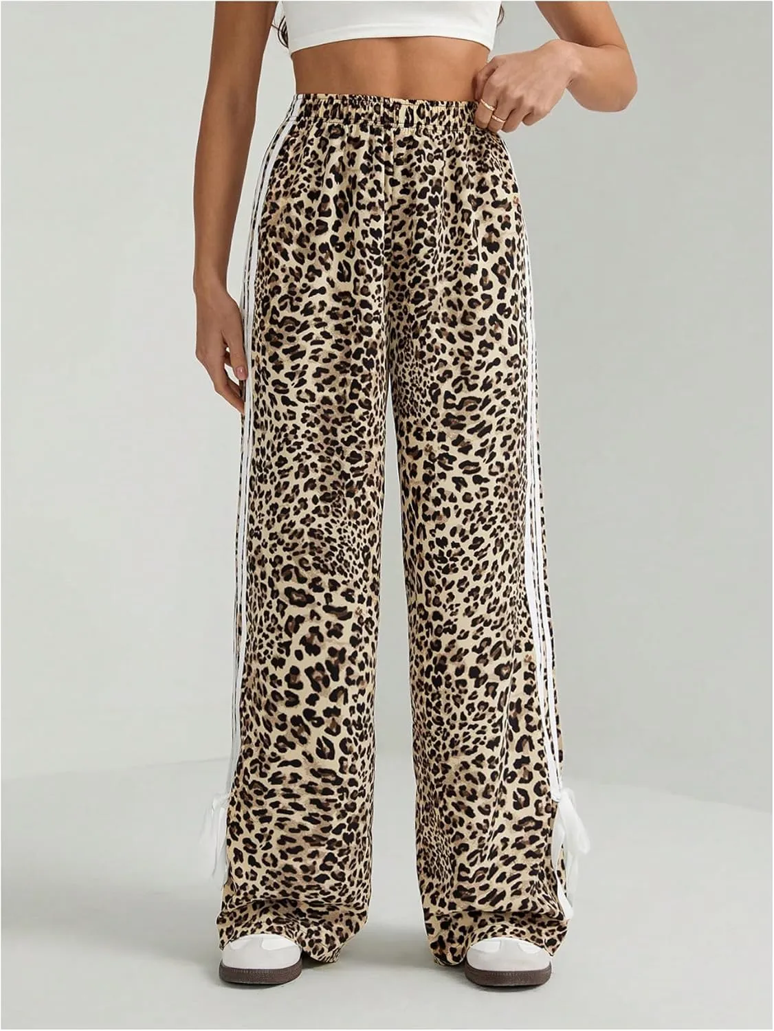 MakeMeChic Women's Leopard Print Striped Pants Bow Side Wide Leg Y2k Trousers