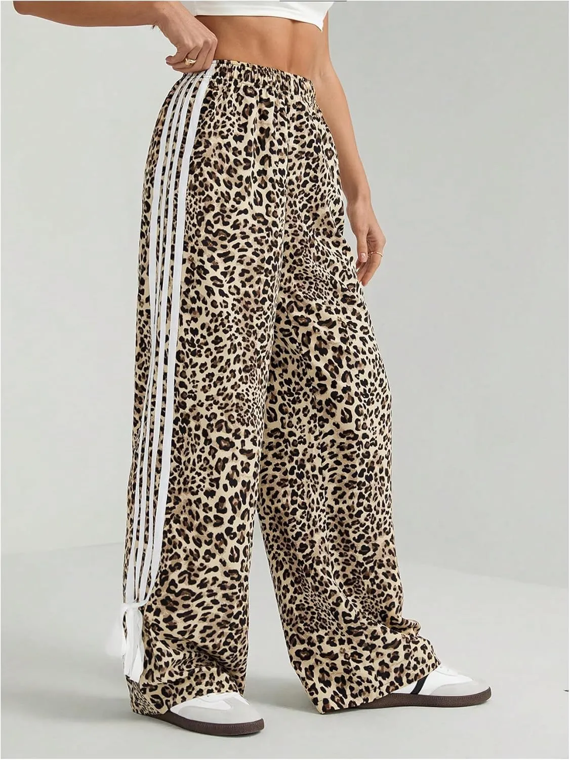 MakeMeChic Women's Leopard Print Striped Pants Bow Side Wide Leg Y2k Trousers