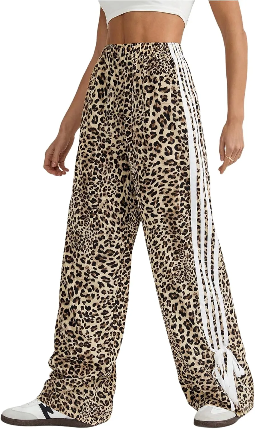MakeMeChic Women's Leopard Print Striped Pants Bow Side Wide Leg Y2k Trousers