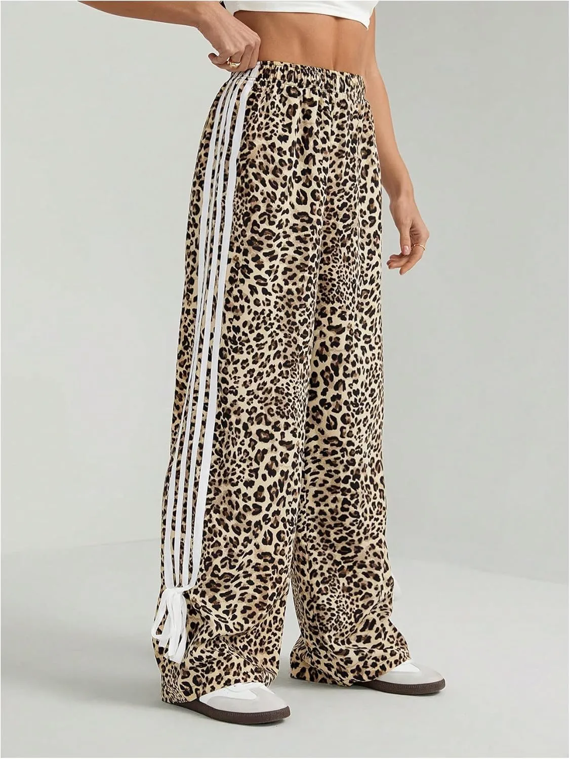 MakeMeChic Women's Leopard Print Striped Pants Bow Side Wide Leg Y2k Trousers