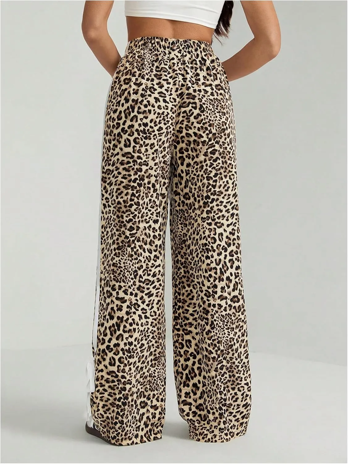 MakeMeChic Women's Leopard Print Striped Pants Bow Side Wide Leg Y2k Trousers