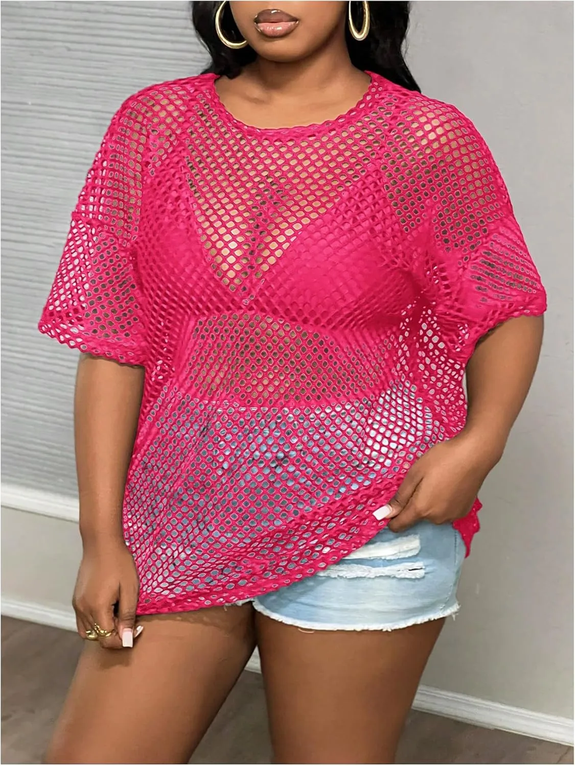 MakeMeChic Women's Plus Size Crew Neck Sheer Tops Hollow Out Short Sleeve T Shirt