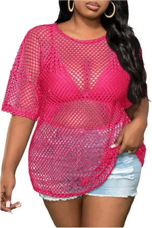 MakeMeChic Women's Plus Size Crew Neck Sheer Tops Hollow Out Short Sleeve T Shirt
