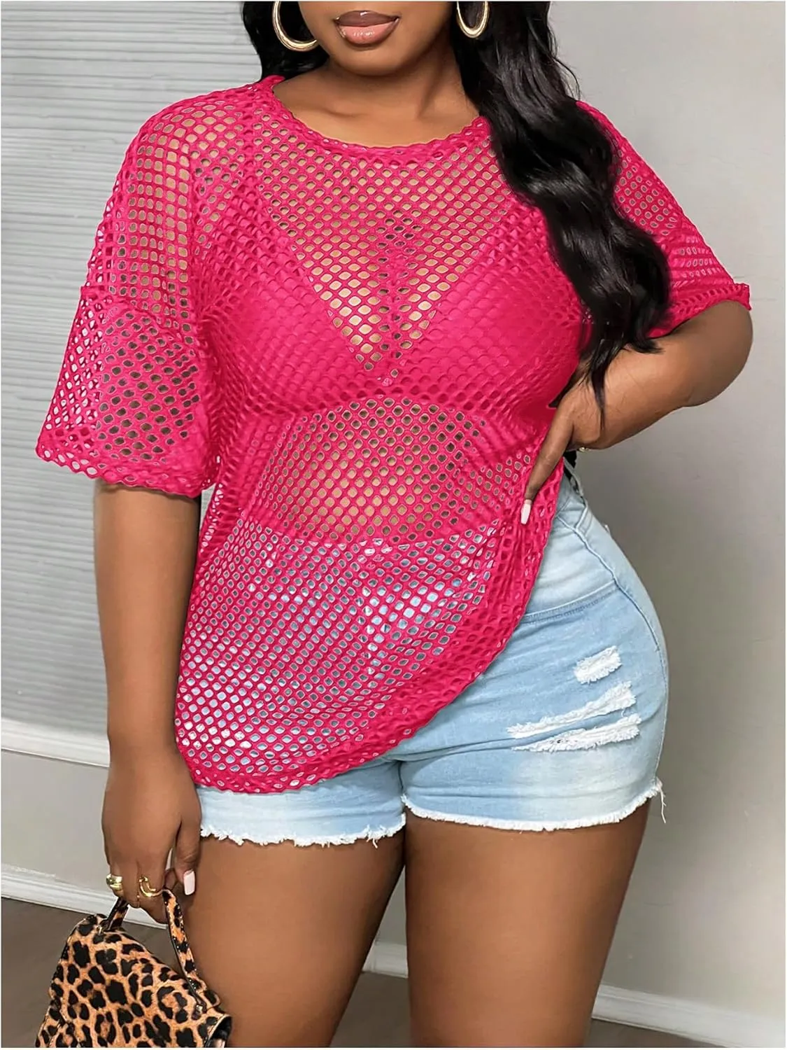 MakeMeChic Women's Plus Size Crew Neck Sheer Tops Hollow Out Short Sleeve T Shirt