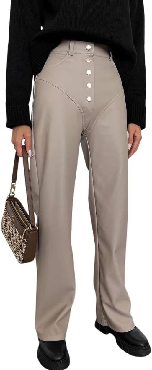 Melliflo Women's High Waist Leather Pants Loose Straight Leg Button Pants Casual PU Trousers