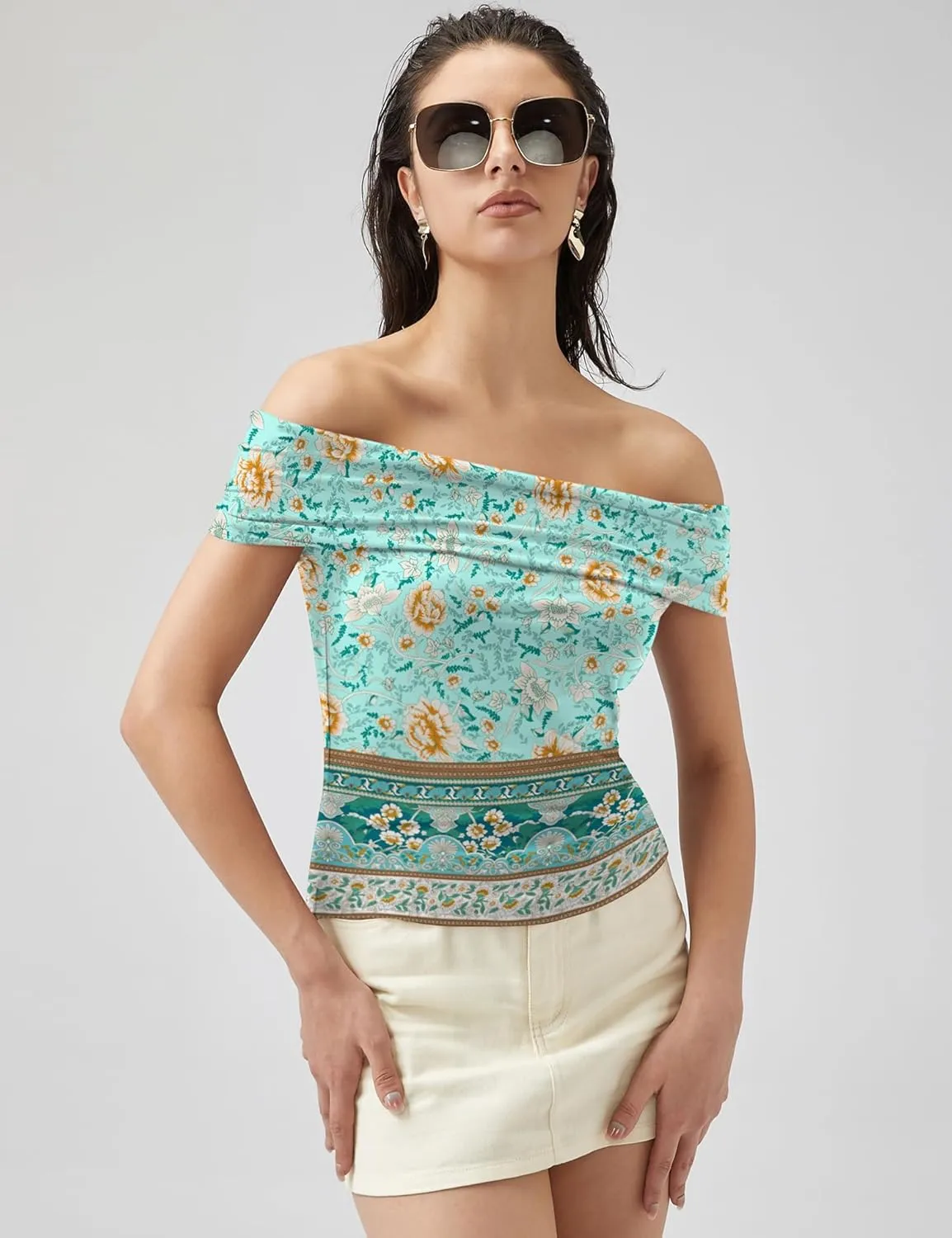 Micoson Womens Off The Shoulder Tops Boat Neck Twist Sleeveless Shirts Going Out Top Slim Fit Summer T-Shirt Y2K Clothing