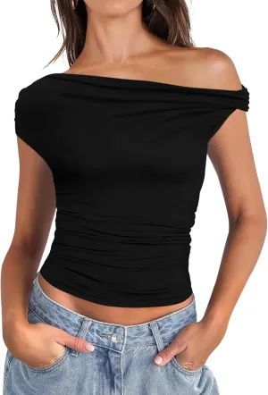 Micoson Womens Off The Shoulder Tops Boat Neck Twist Sleeveless Shirts Going Out Top Slim Fit Summer T-Shirt Y2K Clothing