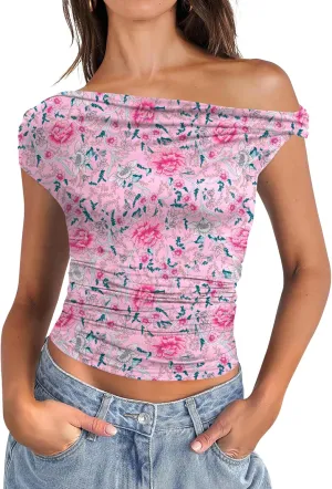 Micoson Womens Off The Shoulder Tops Boat Neck Twist Sleeveless Shirts Going Out Top Slim Fit Summer T-Shirt Y2K Clothing