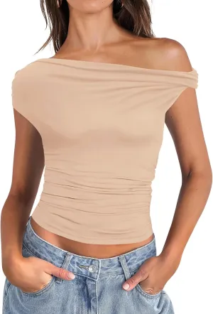 Micoson Womens Off The Shoulder Tops Boat Neck Twist Sleeveless Shirts Going Out Top Slim Fit Summer T-Shirt Y2K Clothing